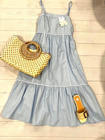 SKY BLUE MIDI DRESS WITH WHITE PIPING DETAIL SALE LAST ONE SIZE LARGE Originally $52 now $39