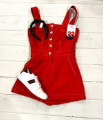 All the Right Moves Red Romper with Stitching and Button Front Details