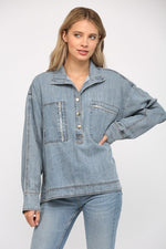 FATE Denim Half Button Down Tunic Top with Gold Button and Zipper Front Pocket Detail
