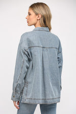 FATE Denim Half Button Down Tunic Top with Gold Button and Zipper Front Pocket Detail