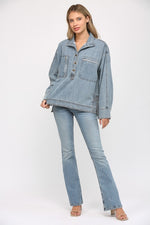 FATE Denim Half Button Down Tunic Top with Gold Button and Zipper Front Pocket Detail