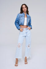 SneakPeek High Rise Wide Kick Crop w/ Knee and Hem Distressing