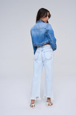 SneakPeek High Rise Wide Kick Crop w/ Knee and Hem Distressing