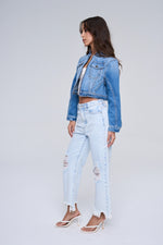 SneakPeek High Rise Wide Kick Crop w/ Knee and Hem Distressing