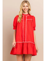 Button Down Dress with Puff Sleeves and Ruffle Hem