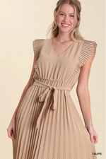 V-Neck Maxi Dress with Pleated Flutter Sleeves and Accordion Pleated Skirt Portion. Features Functional Waist Tie