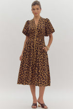 LEOPARD PRINT PUFF SLEEVE V NECK MIDI WITH ZIPPER FRONT DETAIL