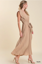 V-Neck Maxi Dress with Pleated Flutter Sleeves and Accordion Pleated Skirt Portion. Features Functional Waist Tie