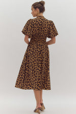 LEOPARD PRINT PUFF SLEEVE V NECK MIDI WITH ZIPPER FRONT DETAIL