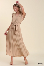 V-Neck Maxi Dress with Pleated Flutter Sleeves and Accordion Pleated Skirt Portion. Features Functional Waist Tie
