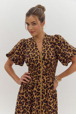 LEOPARD PRINT PUFF SLEEVE V NECK MIDI WITH ZIPPER FRONT DETAIL