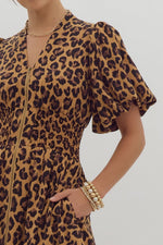 LEOPARD PRINT PUFF SLEEVE V NECK MIDI WITH ZIPPER FRONT DETAIL