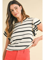 Ruffle Sleeve Black and Cream Stripe Sweater S-XL