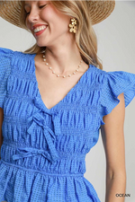 Azure Seersucker Checked Top