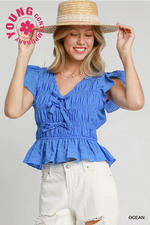 Azure Seersucker Checked Top