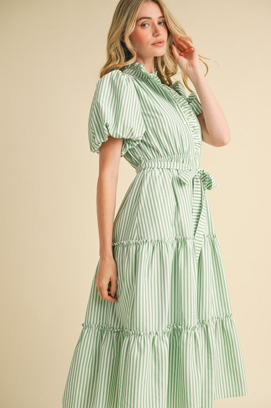 Emerald Stripe Ruffle Button Down Midi Dress