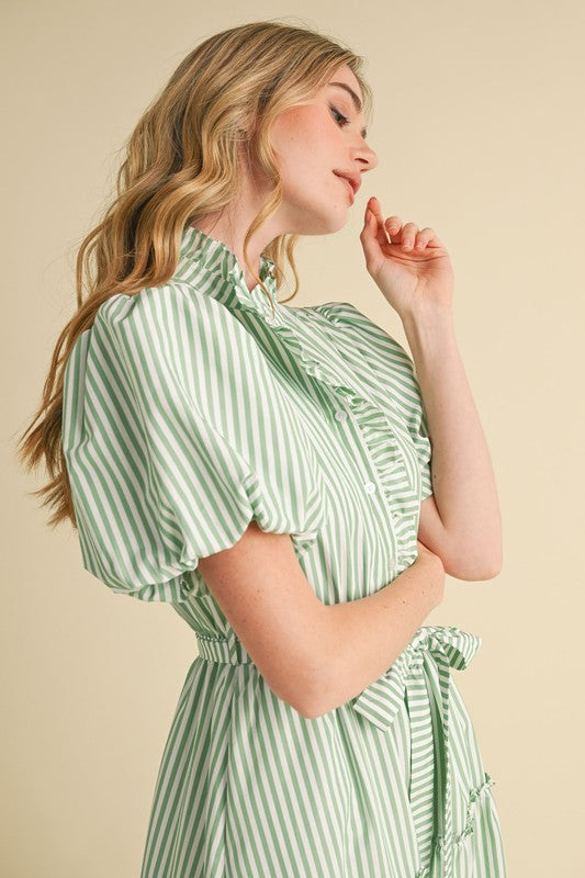 Emerald Stripe Ruffle Button Down Midi Dress