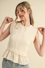 Mixed Media Sweater Vest with Woven Hem