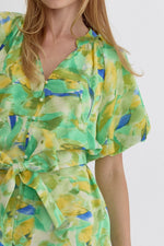 Green Multi Button Up Romper with Puff Sleeve