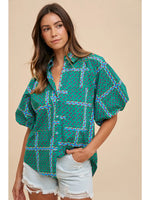 Geometric Print Bubble Sleeve Button Down Blouse S-XL