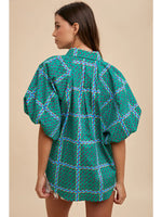 Geometric Print Bubble Sleeve Button Down Blouse S-XL
