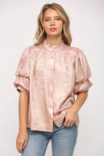 Foiled Woven Fabric Short Tiered Sleeve Blouse by FATE