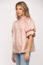 Foiled Woven Fabric Short Tiered Sleeve Blouse by FATE