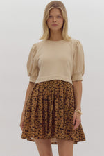 Puff Sleeve Twofer Mini Dress featuring Cheetah Print Skirt and Pockets