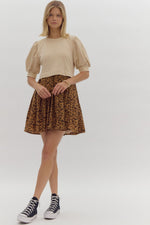 Puff Sleeve Twofer Mini Dress featuring Cheetah Print Skirt and Pockets