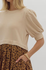Puff Sleeve Twofer Mini Dress featuring Cheetah Print Skirt and Pockets