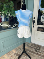 Sky Blue and White Stripe Cap Sleeve with Gold Button Detail