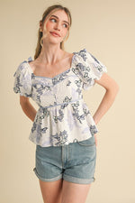 Floral Peplum Waist Top with Bow Shoulder Detail