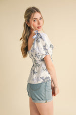 Floral Peplum Waist Top with Bow Shoulder Detail