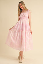Baby Pink Tiered Eyelet Maxi Dress with Ruffled Neckline and Tie Shoulder Straps