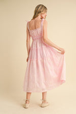 Baby Pink Tiered Eyelet Maxi Dress with Ruffled Neckline and Tie Shoulder Straps