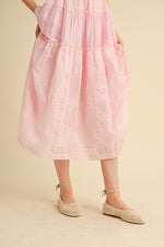 Baby Pink Tiered Eyelet Maxi Dress with Ruffled Neckline and Tie Shoulder Straps