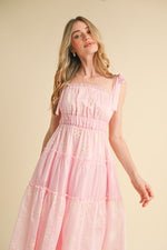 Baby Pink Tiered Eyelet Maxi Dress with Ruffled Neckline and Tie Shoulder Straps