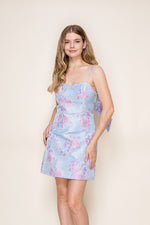 Blue/Lavender Floral Jacquard Mini Dress with Back Bow