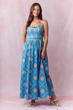 Bold Blue/ Sage Floral Pleated and Binding Detail Maxi