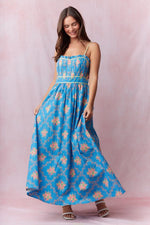 Bold Blue/ Sage Floral Pleated and Binding Detail Maxi