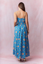 Bold Blue/ Sage Floral Pleated and Binding Detail Maxi