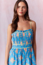 Bold Blue/ Sage Floral Pleated and Binding Detail Maxi