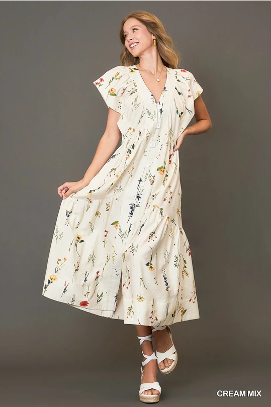 Button Down Floral Print Midi Dress