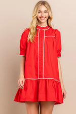 Mock neck, Button Down Shift Dress with Pleated Detail and White Piping!