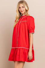 Mock neck, Button Down Shift Dress with Pleated Detail and White Piping!