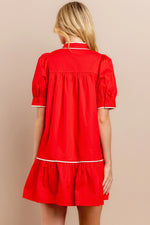 Mock neck, Button Down Shift Dress with Pleated Detail and White Piping!