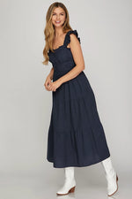 BUTTERFLY SLEEVE PINTUCK DETAIL MIDI DRESS WITH POCKETS- NAVY