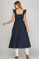 BUTTERFLY SLEEVE PINTUCK DETAIL MIDI DRESS WITH POCKETS- NAVY