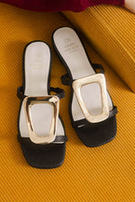 Slip on Black Sandal with Gold Buckle Detail