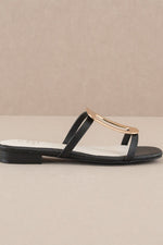 Slip on Black Sandal with Gold Buckle Detail